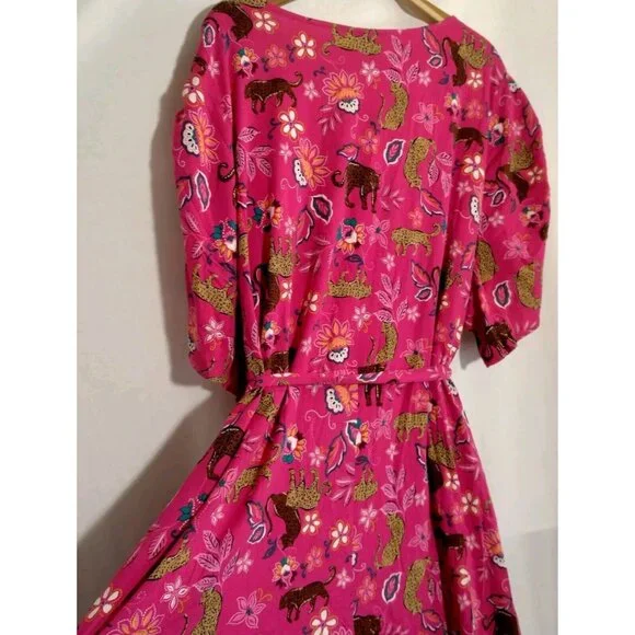 Torrid Size 5 Plus Size Pink Leopard Dress Midi Rouched Short Sleeve Belted Cat - Picture 10 of 16